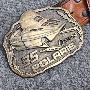 Vintage Polaris Belt Buckle Mens 32 Brown Leather 35 Anniversary Snowmobile 80s
